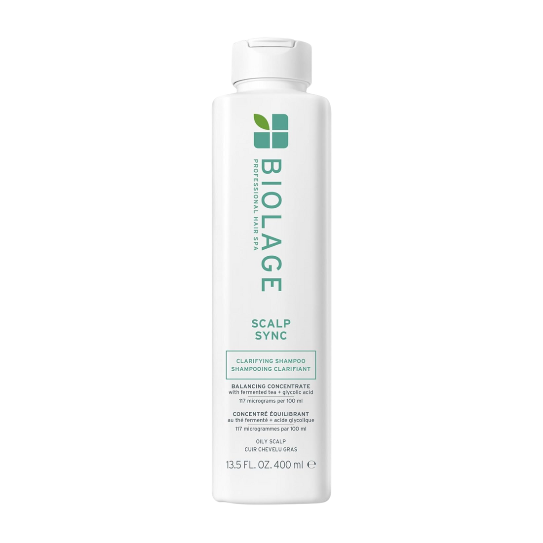 “Biolage Scalp Sync Clarifying Shampoo — flacon transparent de 400 ml, design vert‑menthe, produit nettoyant profond sans silicones”