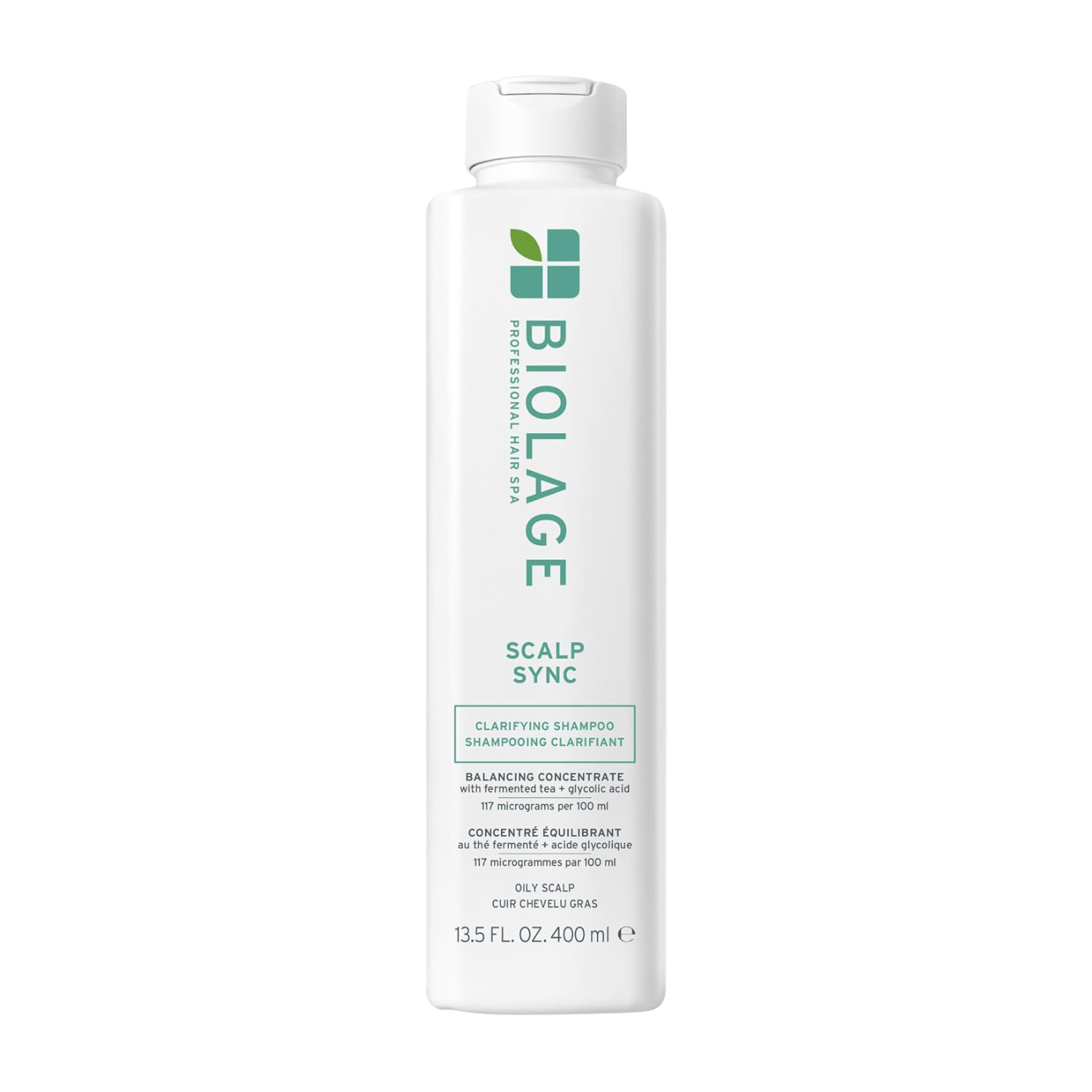 “Biolage Scalp Sync Clarifying Shampoo — flacon transparent de 400 ml, design vert‑menthe, produit nettoyant profond sans silicones”