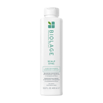 “Biolage Scalp Sync Clarifying Shampoo — flacon transparent de 400 ml, design vert‑menthe, produit nettoyant profond sans silicones”