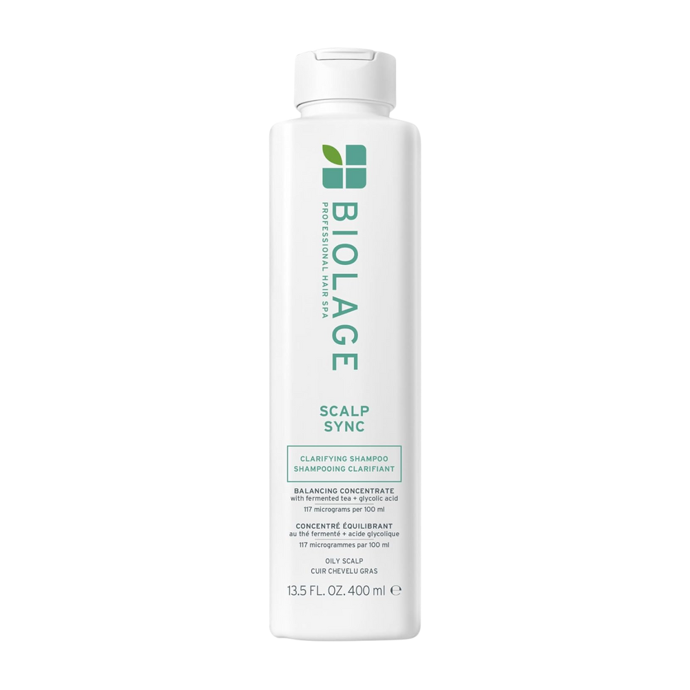 “Biolage Scalp Sync Clarifying Shampoo — flacon transparent de 400 ml, design vert‑menthe, produit nettoyant profond sans silicones”