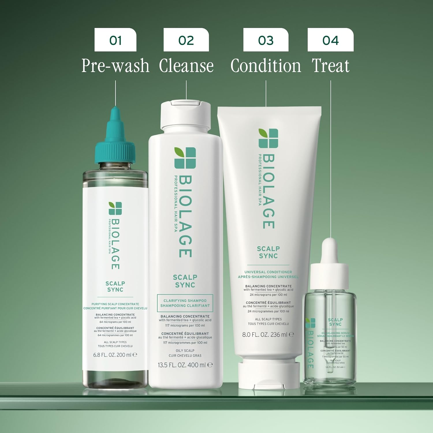 Flacon de 400 ml du Biolage Scalp Sync Clarifying Shampoo, shampooing clarifiant pour cuir chevelu gras, enrichi en thé fermenté et acide glycolique.