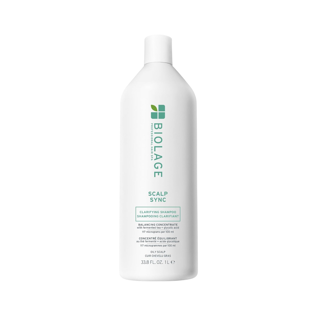 Flacon de 400 ml du Biolage Scalp Sync Clarifying Shampoo, shampooing clarifiant pour cuir chevelu gras, enrichi en thé fermenté et acide glycolique.