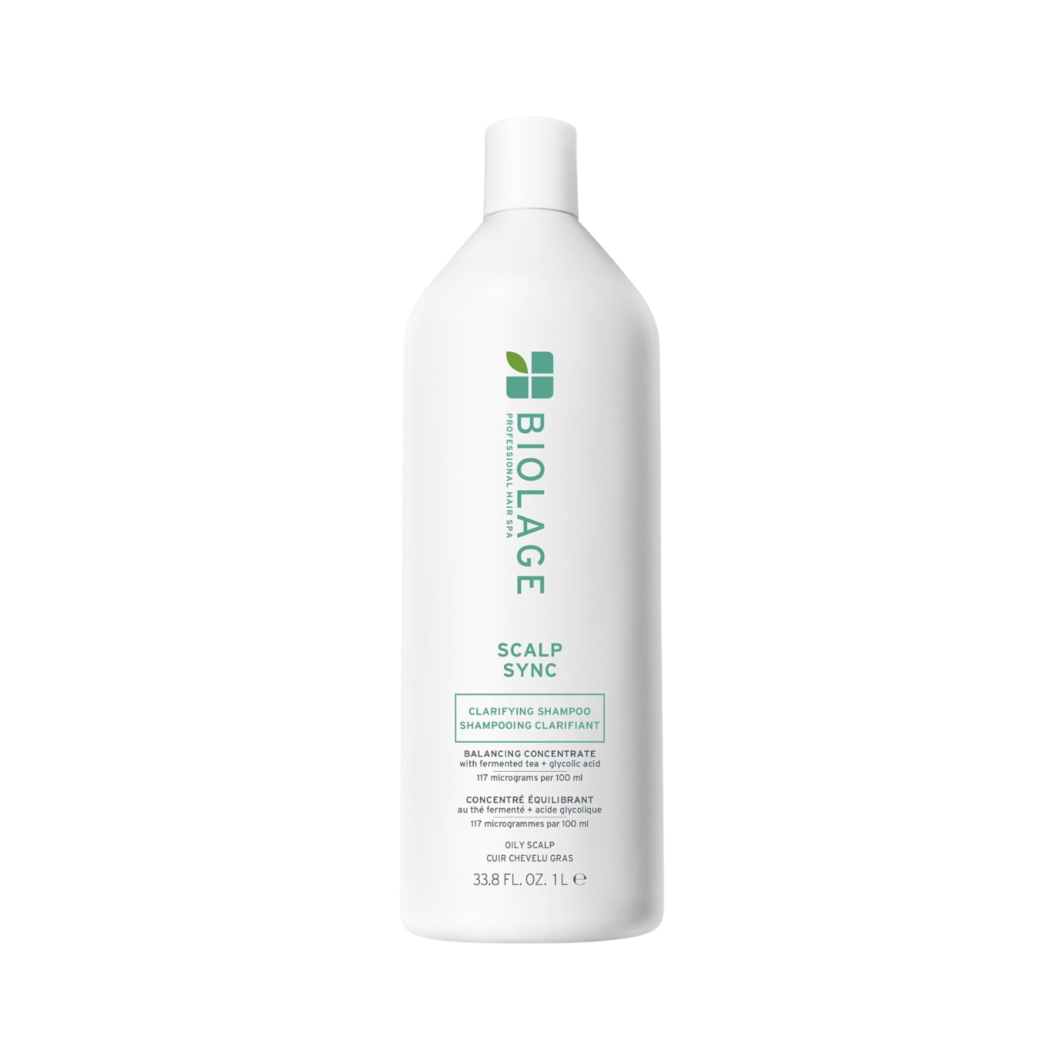 Flacon de 400 ml du Biolage Scalp Sync Clarifying Shampoo, shampooing clarifiant pour cuir chevelu gras, enrichi en thé fermenté et acide glycolique.