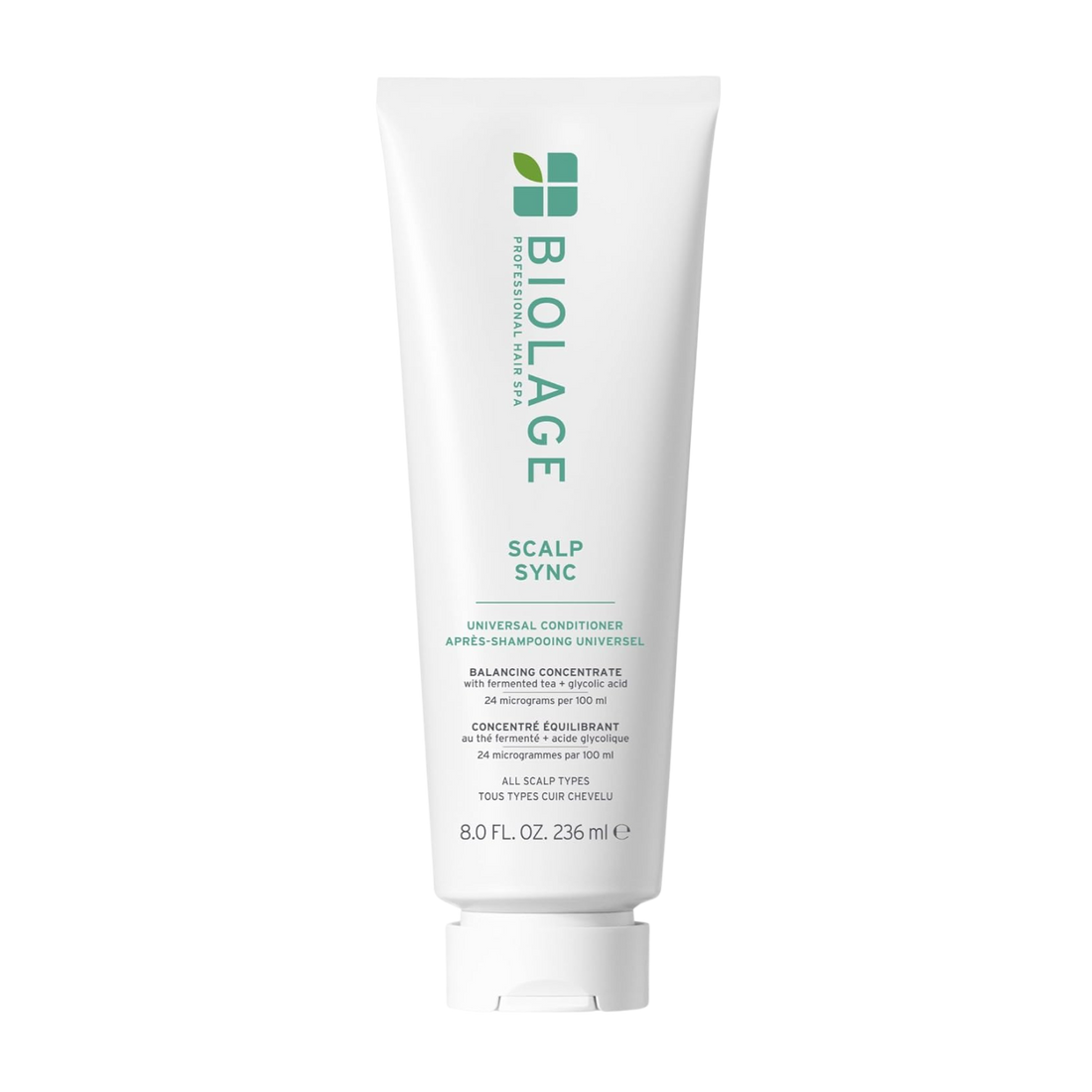 “Conditionneur Universel Biolage Scalp Sync 236 ml — flacon blanc/vert, hydratation légère pour tous les types de cuir chevelu”