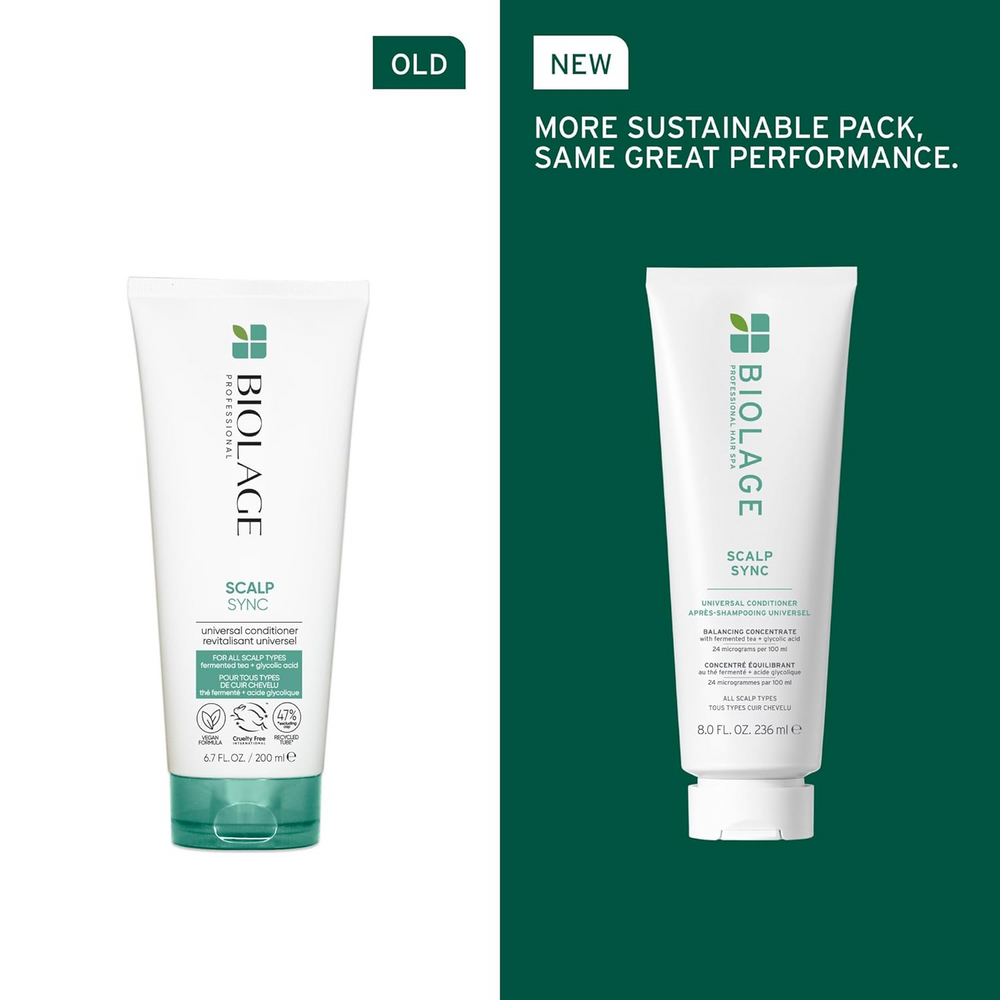 “Conditionneur Universel Biolage Scalp Sync 236 ml — flacon blanc/vert, hydratation légère pour tous les types de cuir chevelu”