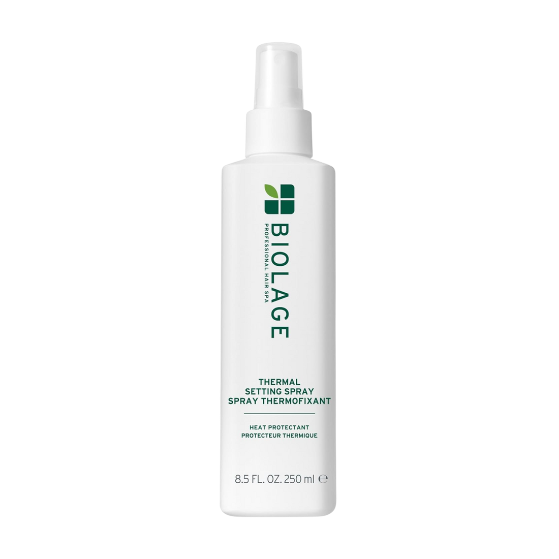 Flacon Biolage Thermal Setting Spray – spray protecteur thermique étiquette visible sur fond neutre