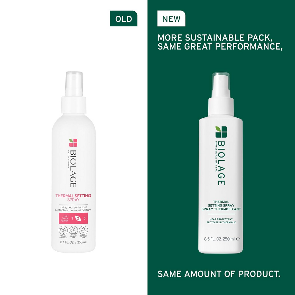 Flacon Biolage Thermal Setting Spray – spray protecteur thermique étiquette visible sur fond neutre
