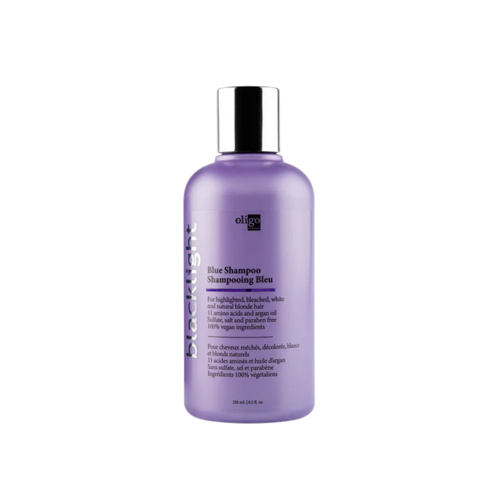 « Flacon Blue Shampoo Oligo Professionnel – soin anti‑reflets jaunes pour cheveux blonds méchés ou décolorés »