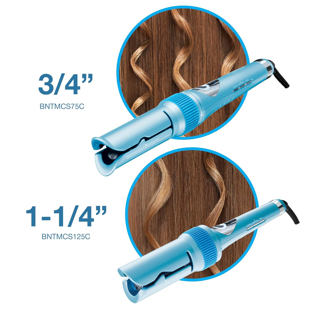 Boucleur automatique BaBylissPRO MiraCurl Nano Titanium en fonctionnement, cheveux bouclés parfaitement.