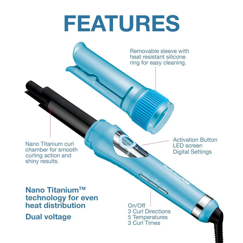 Boucleur automatique BaBylissPRO MiraCurl Nano Titanium en fonctionnement, cheveux bouclés parfaitement.