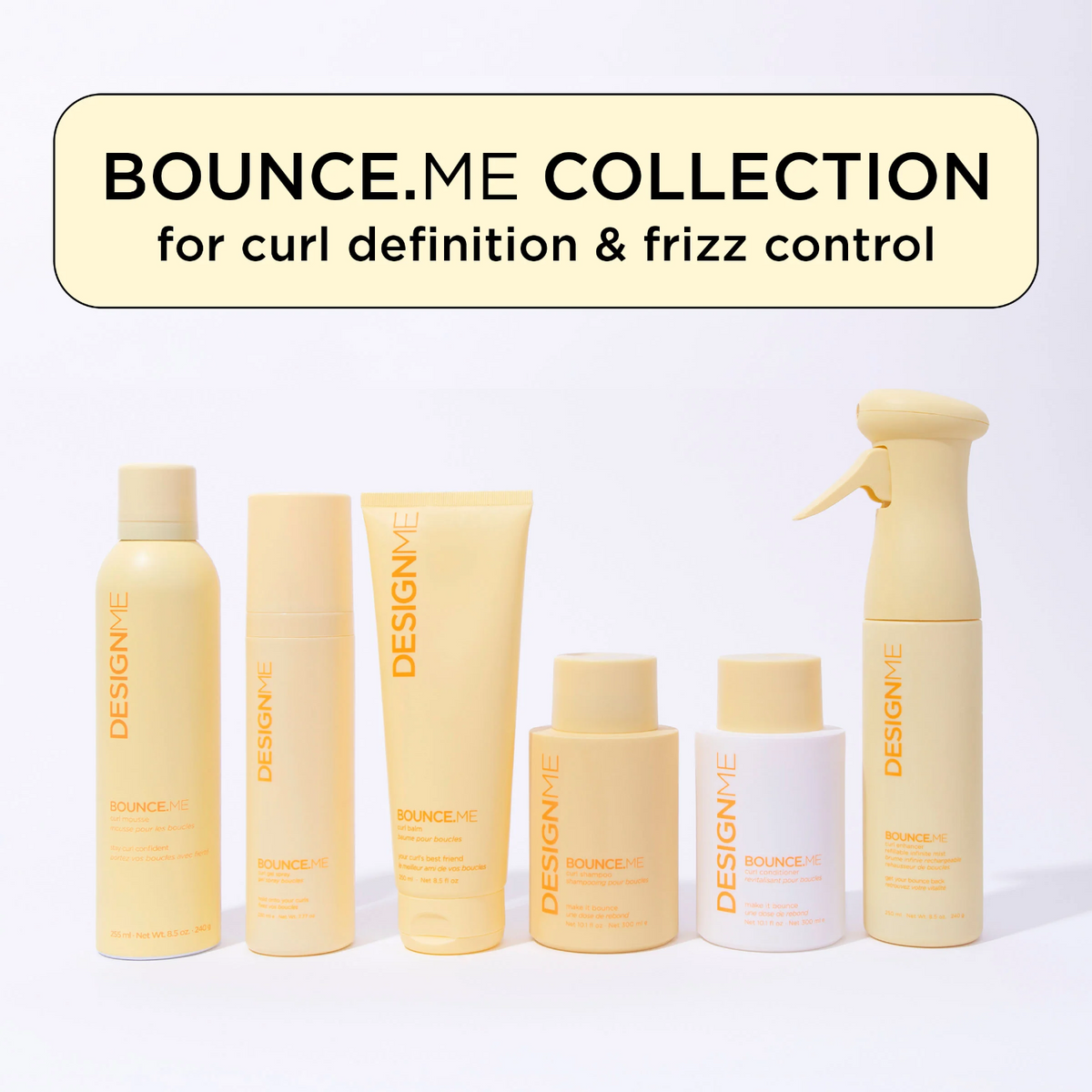 Flacon de mousse Bounce.Me pour boucles, texture légère et crémeuse, idéal pour définir boucles sans frisottis.

