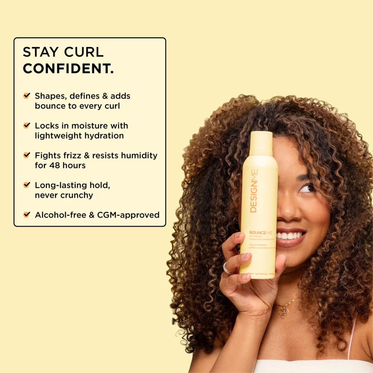 Flacon de mousse Bounce.Me pour boucles, texture légère et crémeuse, idéal pour définir boucles sans frisottis.


