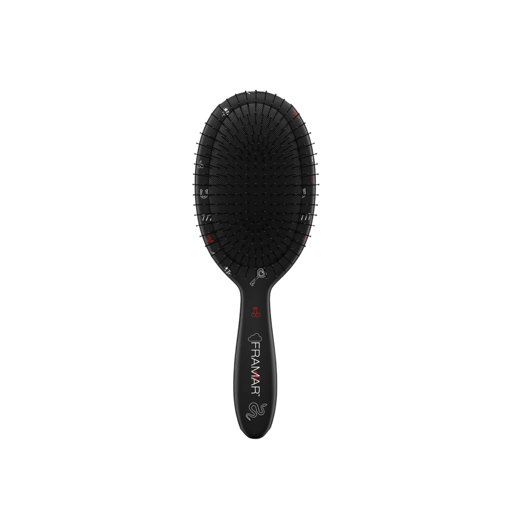 Brosse démêlante Framar Ace noir mat avec poils souples et design anti-casse.
