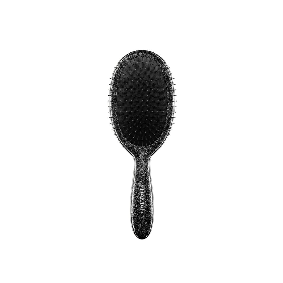 Brosse démêlante Framar Black Glitter avec poils souples et poignée noire pailletée.