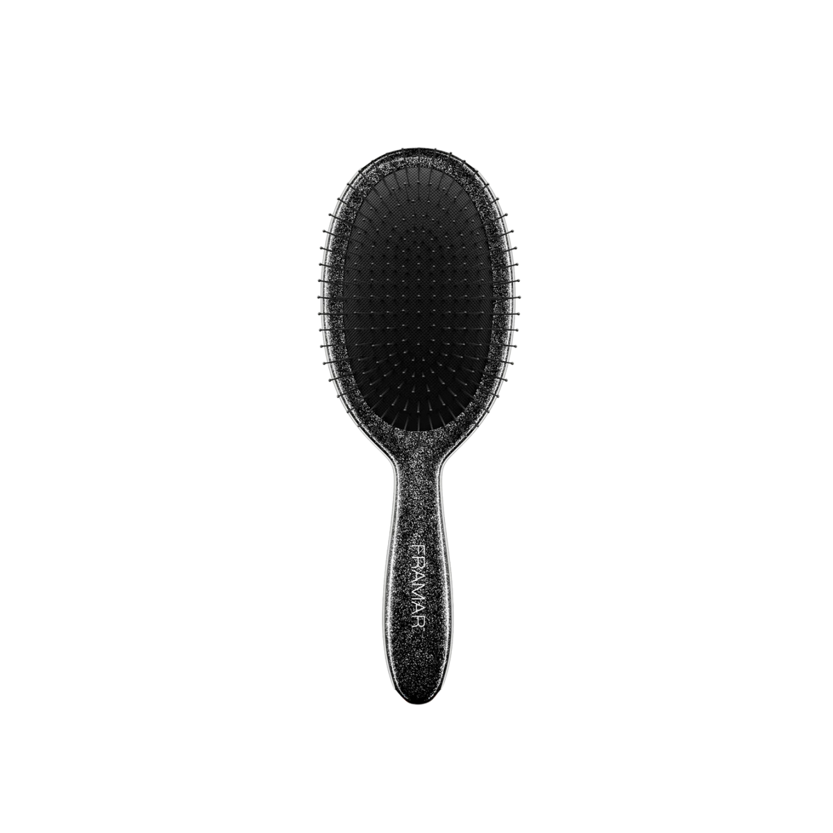 Brosse démêlante Framar Black Glitter avec poils souples et poignée noire pailletée.