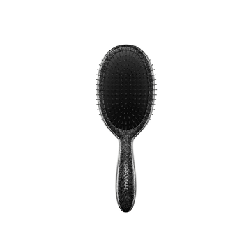 Brosse démêlante Framar Black Glitter avec poils souples et poignée noire pailletée.