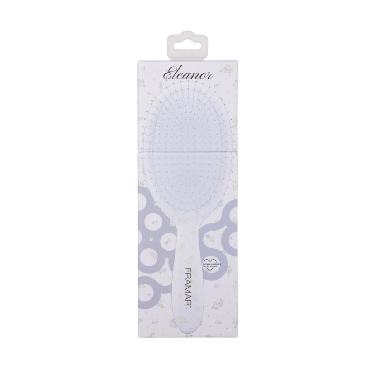 Brosse démêlante Framar Country Charm Eleanor avec motif floral bleu pour démêler les cheveux mouillés ou secs sans tirer ni casser la fibre capillaire.