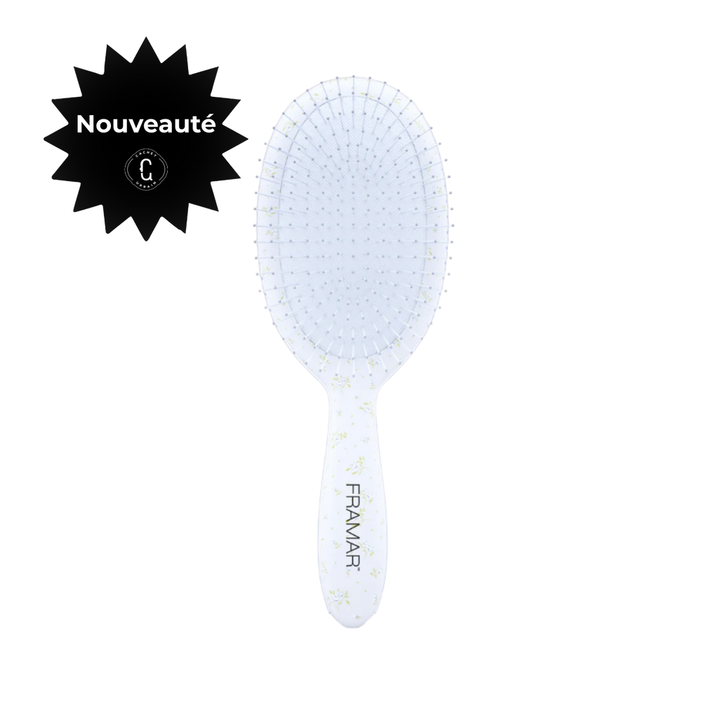 Brosse démêlante Framar Country Charm Eleanor avec motif floral bleu pour démêler les cheveux mouillés ou secs sans tirer ni casser la fibre capillaire.