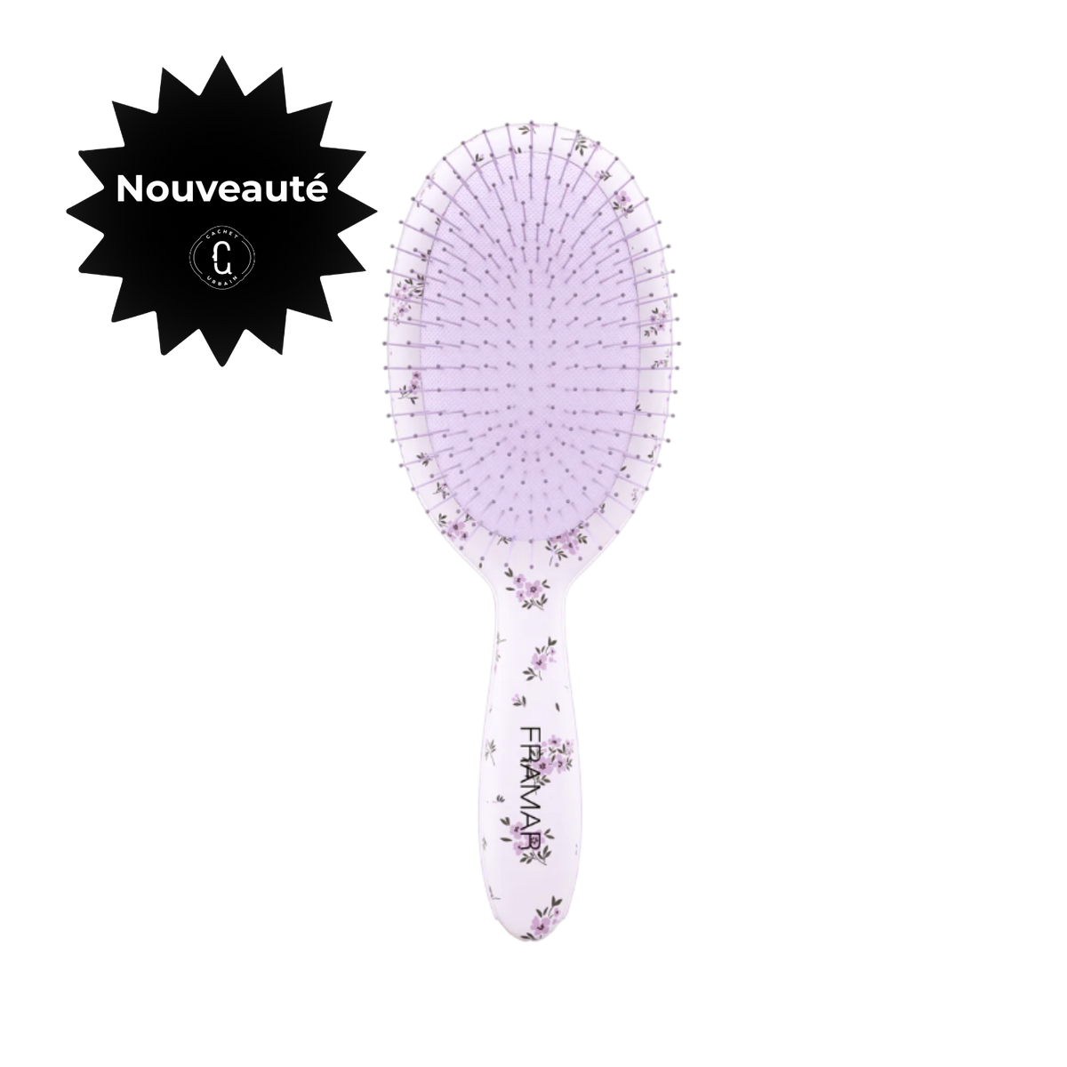Brosse démêlante Framar Country Charm Meadow avec motif floral violet pour démêler les cheveux mouillés ou secs sans casser la fibre capillaire.
