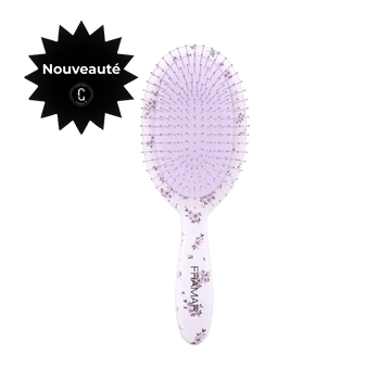 Brosse démêlante Framar Country Charm Meadow avec motif floral violet pour démêler les cheveux mouillés ou secs sans casser la fibre capillaire.