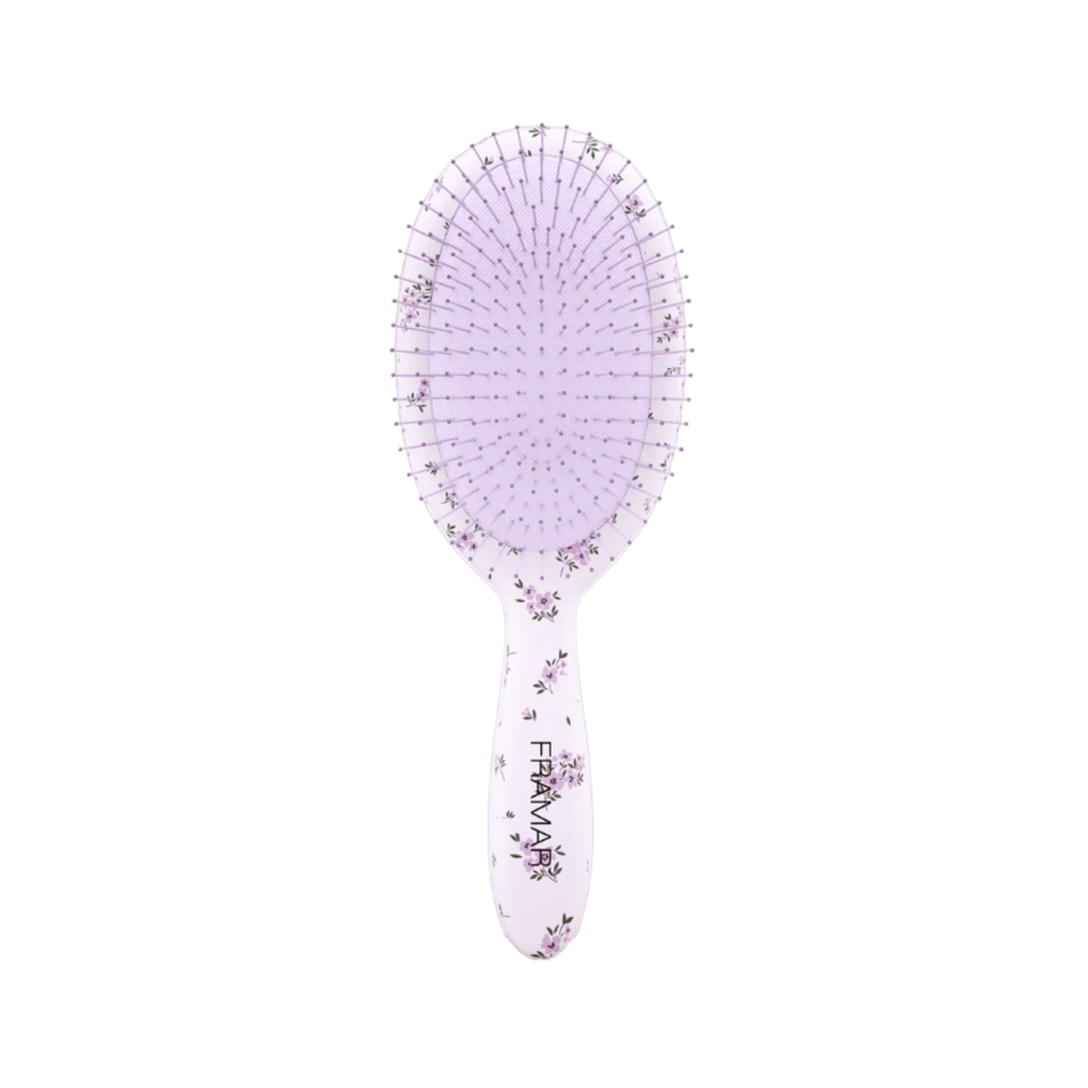 Brosse démêlante Framar Country Charm Meadow avec motif floral violet pour démêler les cheveux mouillés ou secs sans casser la fibre capillaire.