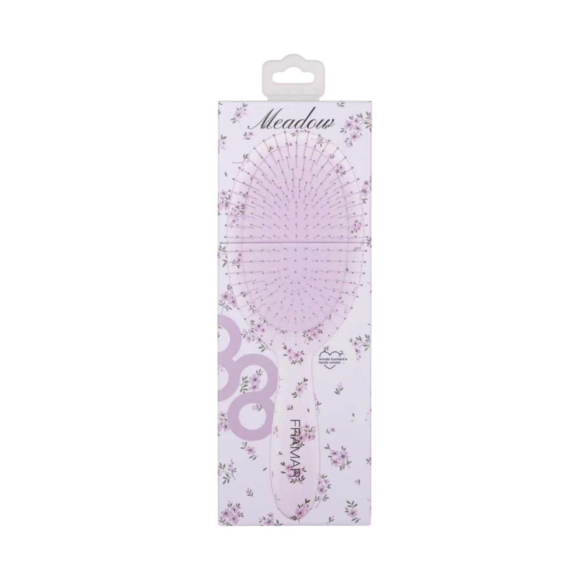 Brosse démêlante Framar Country Charm Meadow avec motif floral violet pour démêler les cheveux mouillés ou secs sans casser la fibre capillaire.