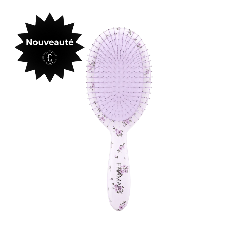 Brosse démêlante Framar Country Charm Meadow avec motif floral violet pour démêler les cheveux mouillés ou secs sans casser la fibre capillaire.