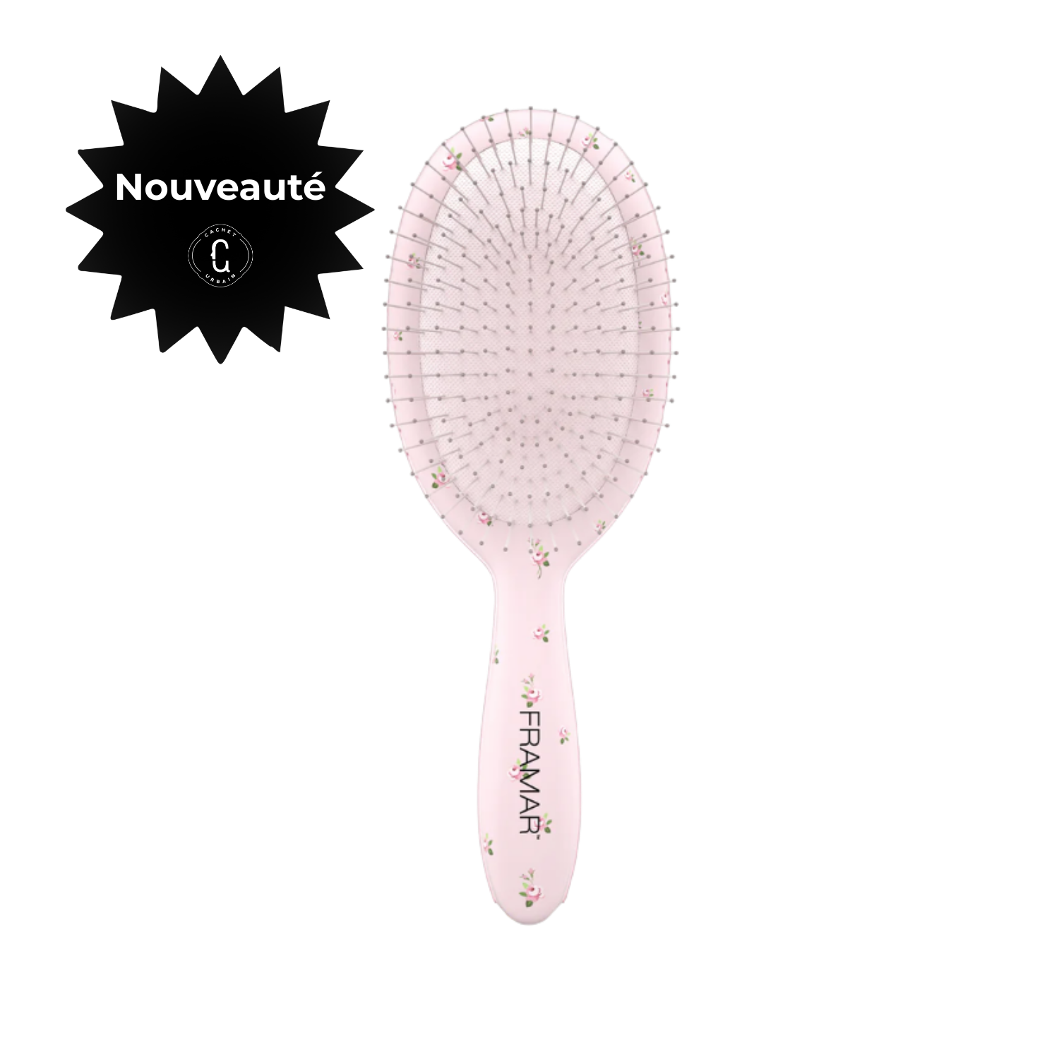 Brosse démêlante Framar Country Charm Rosalie avec motif floral rose pour démêler les cheveux mouillés ou secs sans tirer.