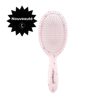 Brosse démêlante Framar Country Charm Rosalie avec motif floral rose pour démêler les cheveux mouillés ou secs sans tirer.