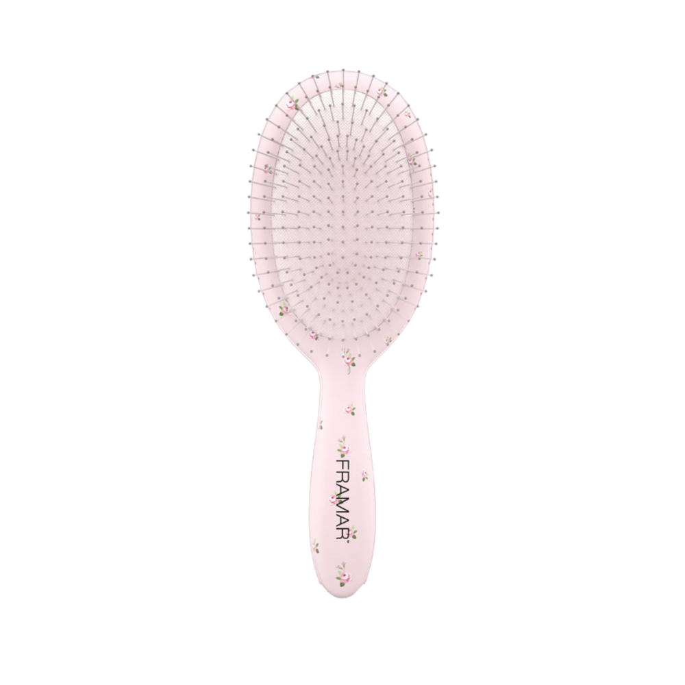 Brosse démêlante Framar Country Charm Rosalie avec motif floral rose pour démêler les cheveux mouillés ou secs sans tirer.