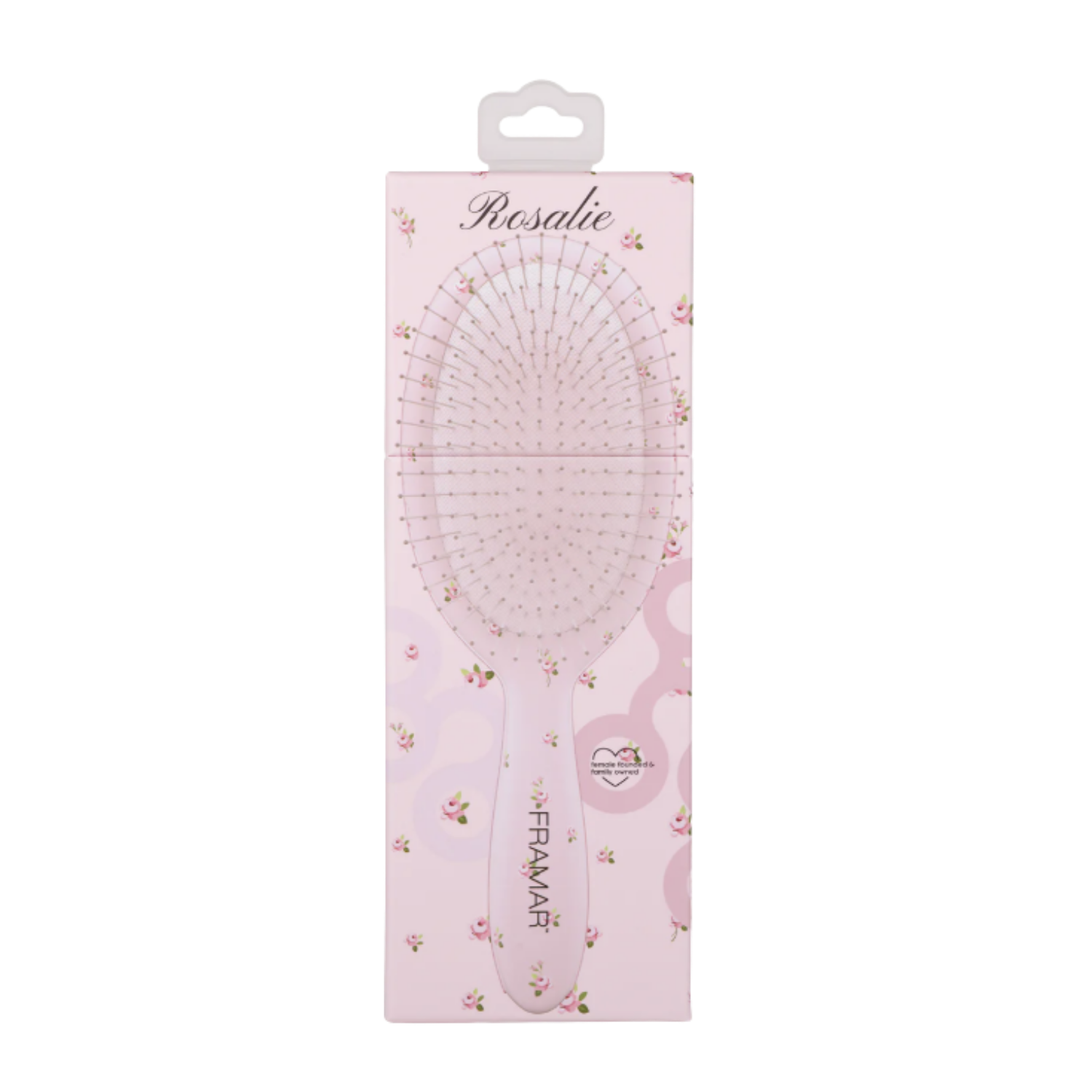 Brosse démêlante Framar Country Charm Rosalie avec motif floral rose pour démêler les cheveux mouillés ou secs sans tirer.