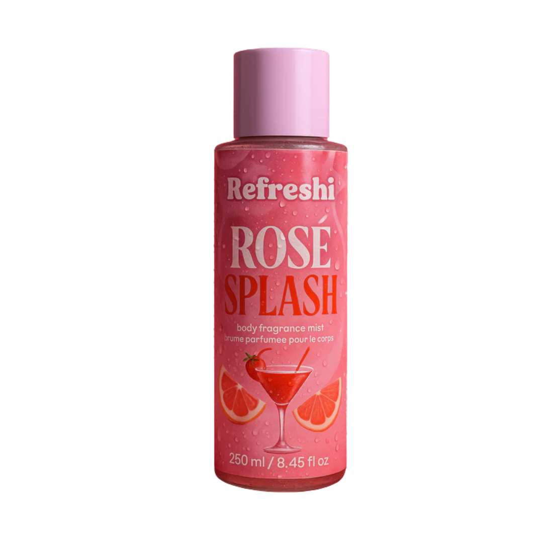 Flacon de brume corporelle Rosé Splash Refreshi posé sur fond pastel avec des touches de fruits et fleurs.

