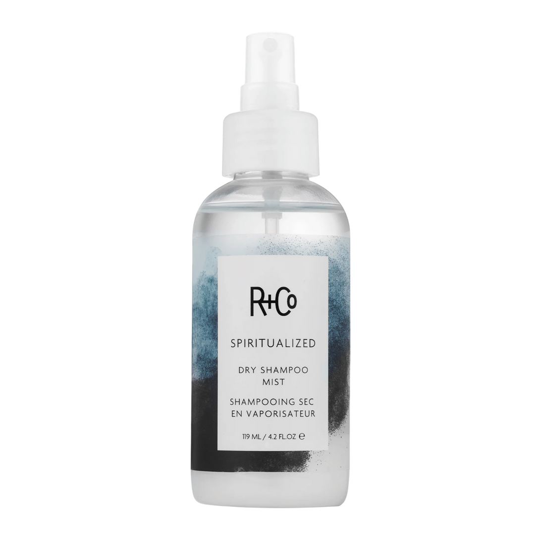Flacon du Spiritualized Dry Shampoo Mist de R+Co, brume nettoyante sans résidu pour cheveux rafraîchis