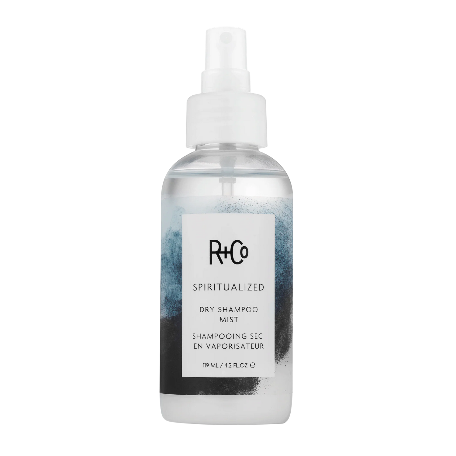 Flacon du Spiritualized Dry Shampoo Mist de R+Co, brume nettoyante sans résidu pour cheveux rafraîchis