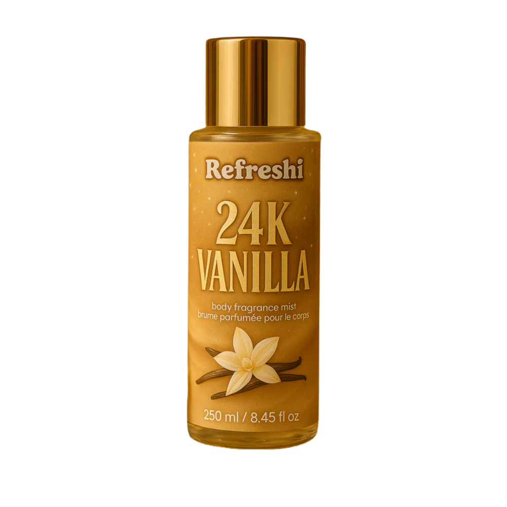 Flacon de brume corporelle Vanille 24K Refreshi sur fond neutre, aux accents de vanille et praline

