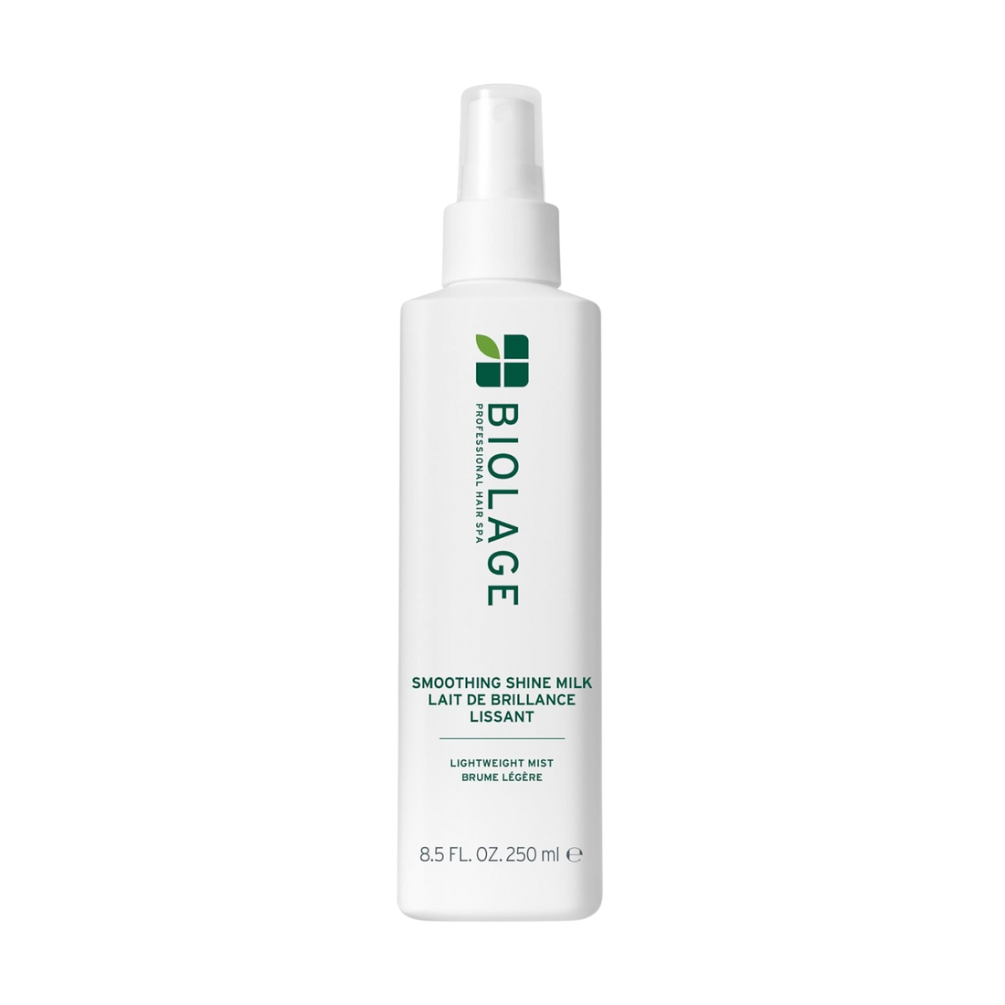 Flacon de 250 ml de la brume de brillance et d’hydratation Biolage Smooth Shine Milk, soin capillaire sans rinçage.