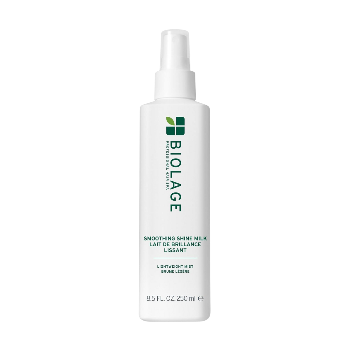 Flacon de 250 ml de la brume de brillance et d’hydratation Biolage Smooth Shine Milk, soin capillaire sans rinçage.