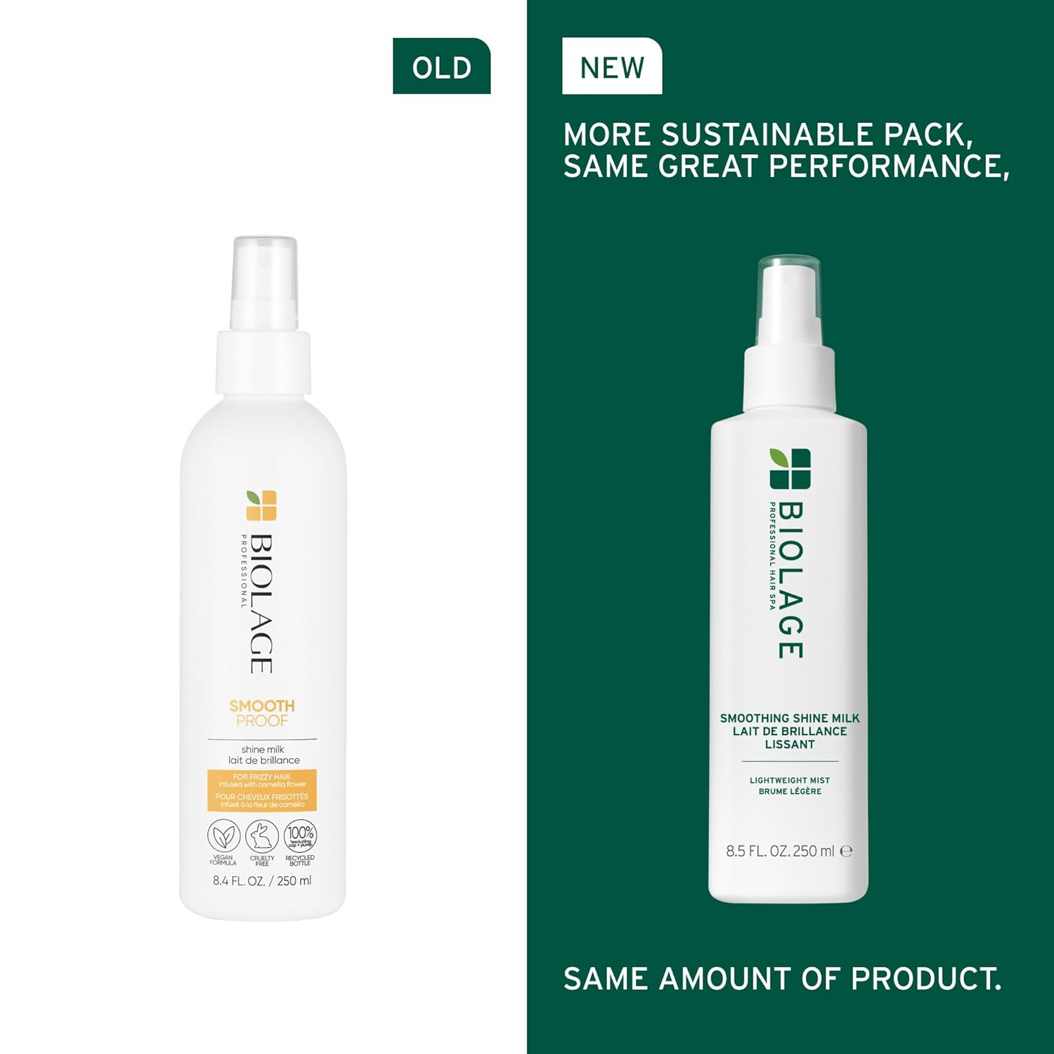 Flacon de 250 ml de la brume de brillance et d’hydratation Biolage Smooth Shine Milk, soin capillaire sans rinçage.