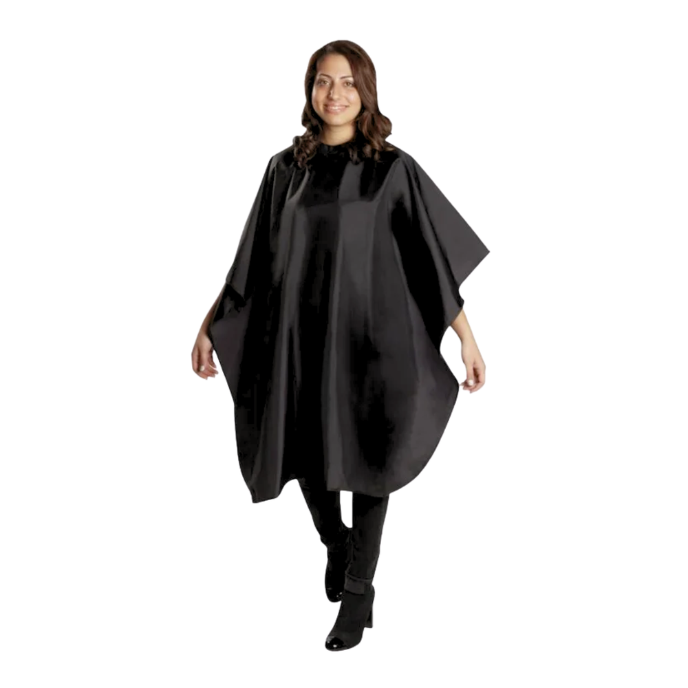 Cape de coupe en nylon noir BaByliss PRO 112 × 147 cm, fermeture auto-adhésive, dos sans couture.