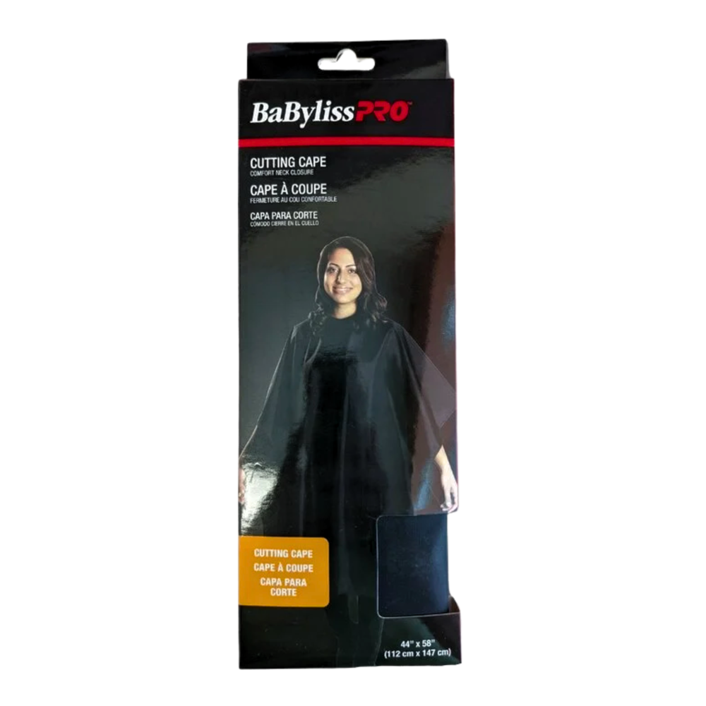 Cape de coupe en nylon noir BaByliss PRO 112 × 147 cm, fermeture auto-adhésive, dos sans couture.