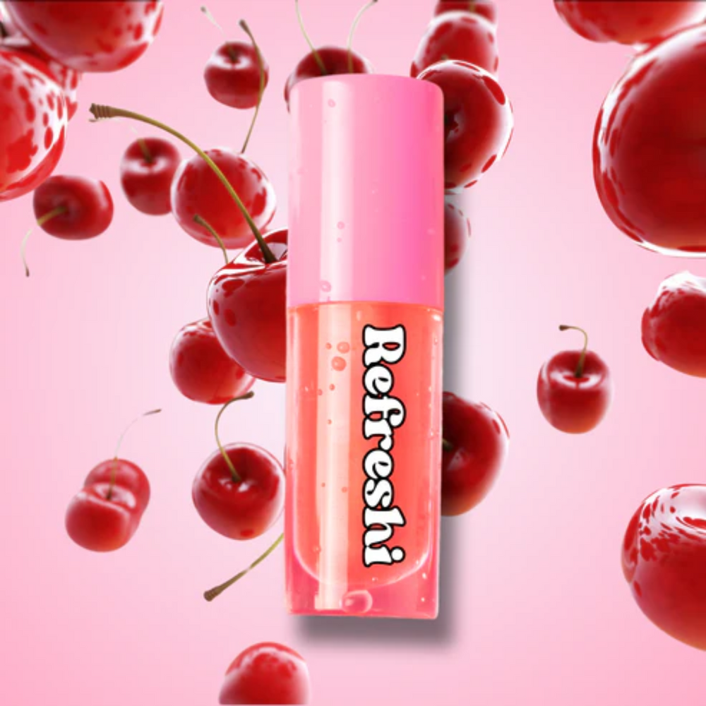 Tube 5 ml Cherry Lip Oil Refreshi, texture légère et brillante, parfum cerise acidulée, tube à bulles anti-débordement

