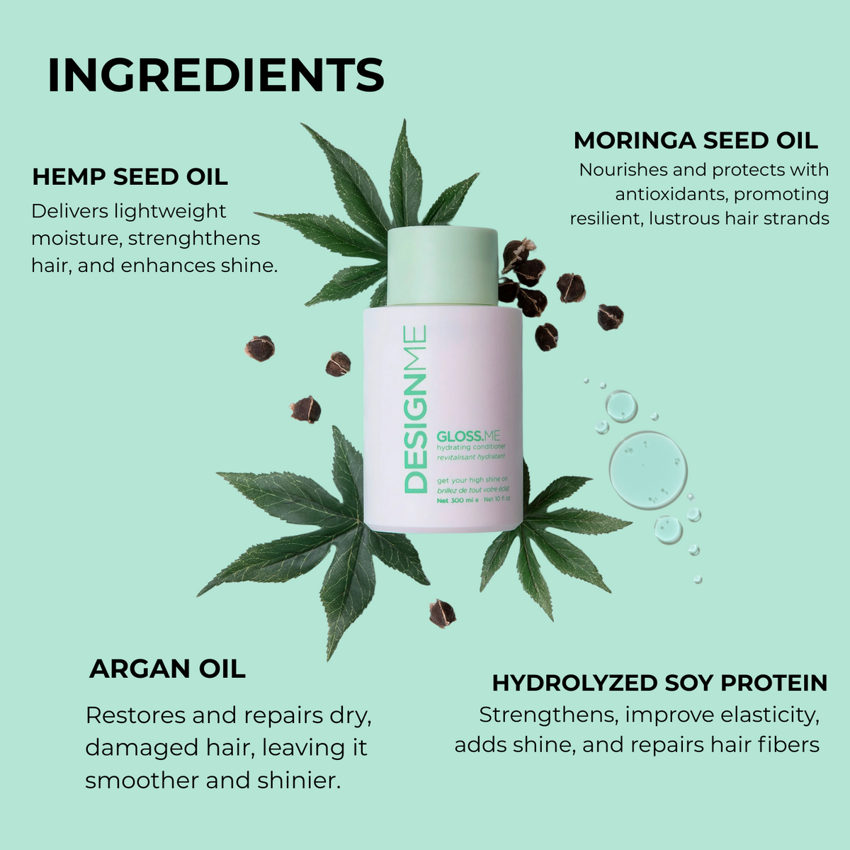 Flacon de revitalisant hydratant GLOSS.ME, texture légère crème pour cheveux doux, brillants et hydratés