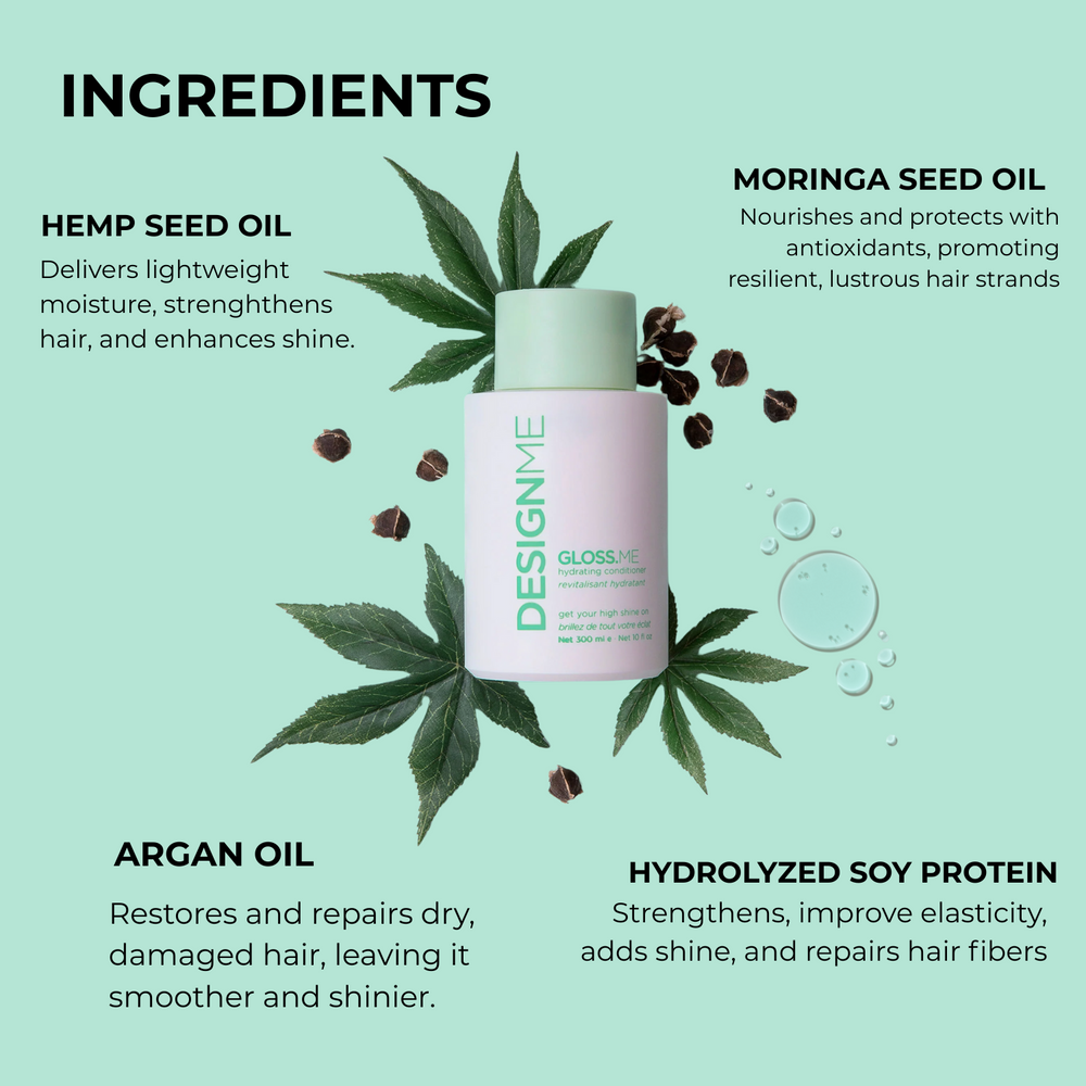 Flacon de revitalisant hydratant GLOSS.ME, texture légère crème pour cheveux doux, brillants et hydratés
