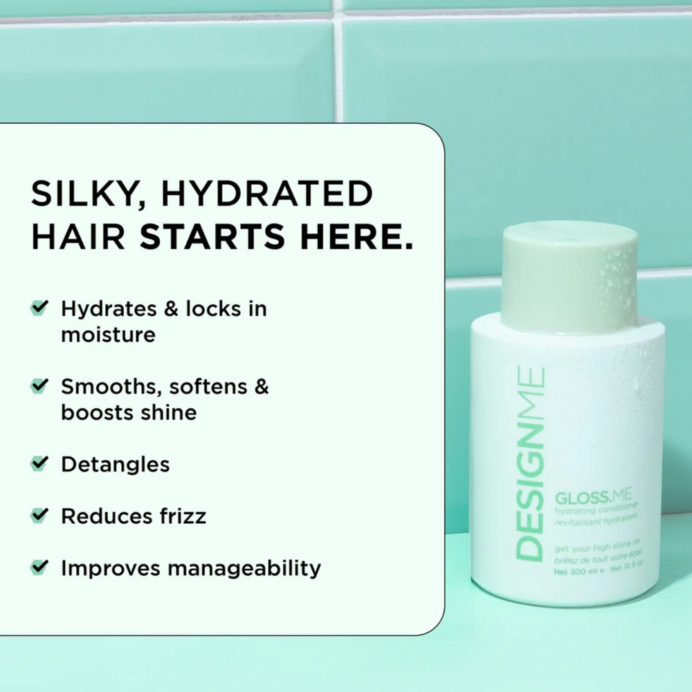 Flacon de revitalisant hydratant GLOSS.ME, texture légère crème pour cheveux doux, brillants et hydratés