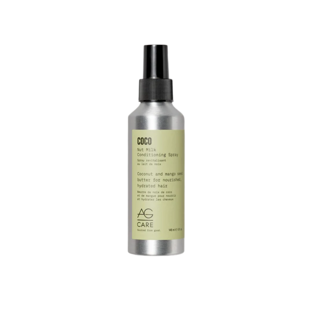 Flacon AG Care Coco Nut Milk Conditioning Spray sur fond blanc, cheveux brillants et soyeux en arrière-plan