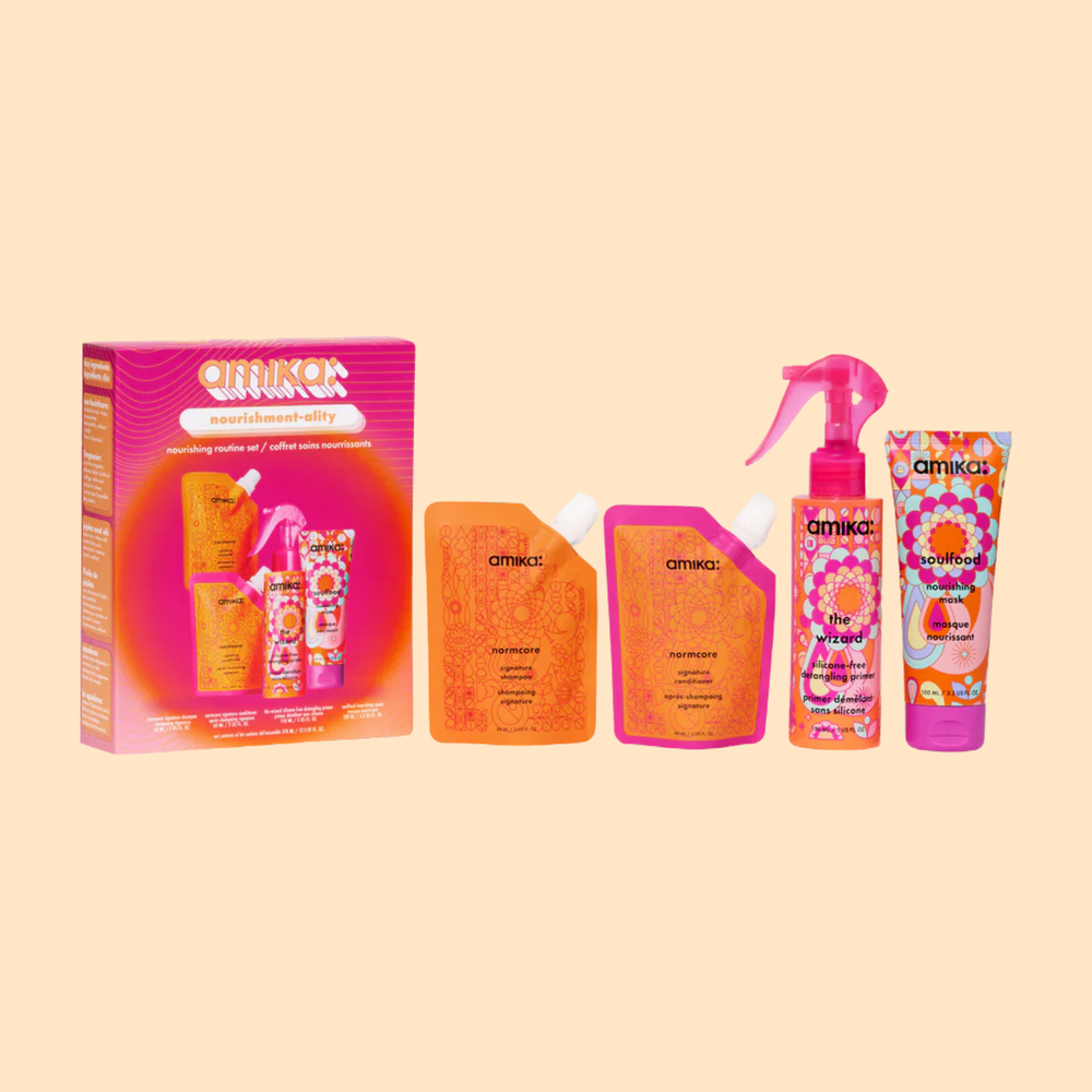 Coffret Amika Nourishment‑ality : shampooing, après-shampoing, masque et spray démêlant