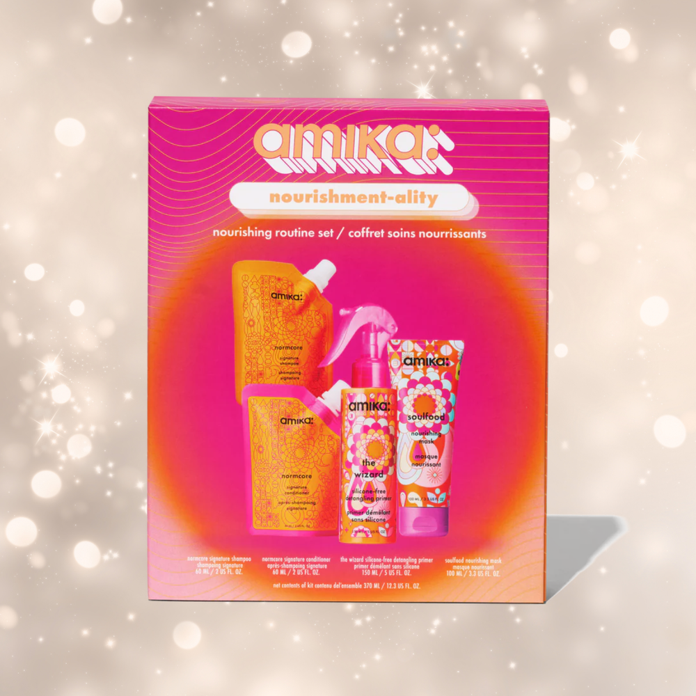 Coffret Amika Nourishment‑ality : shampooing, après-shampoing, masque et spray démêlant