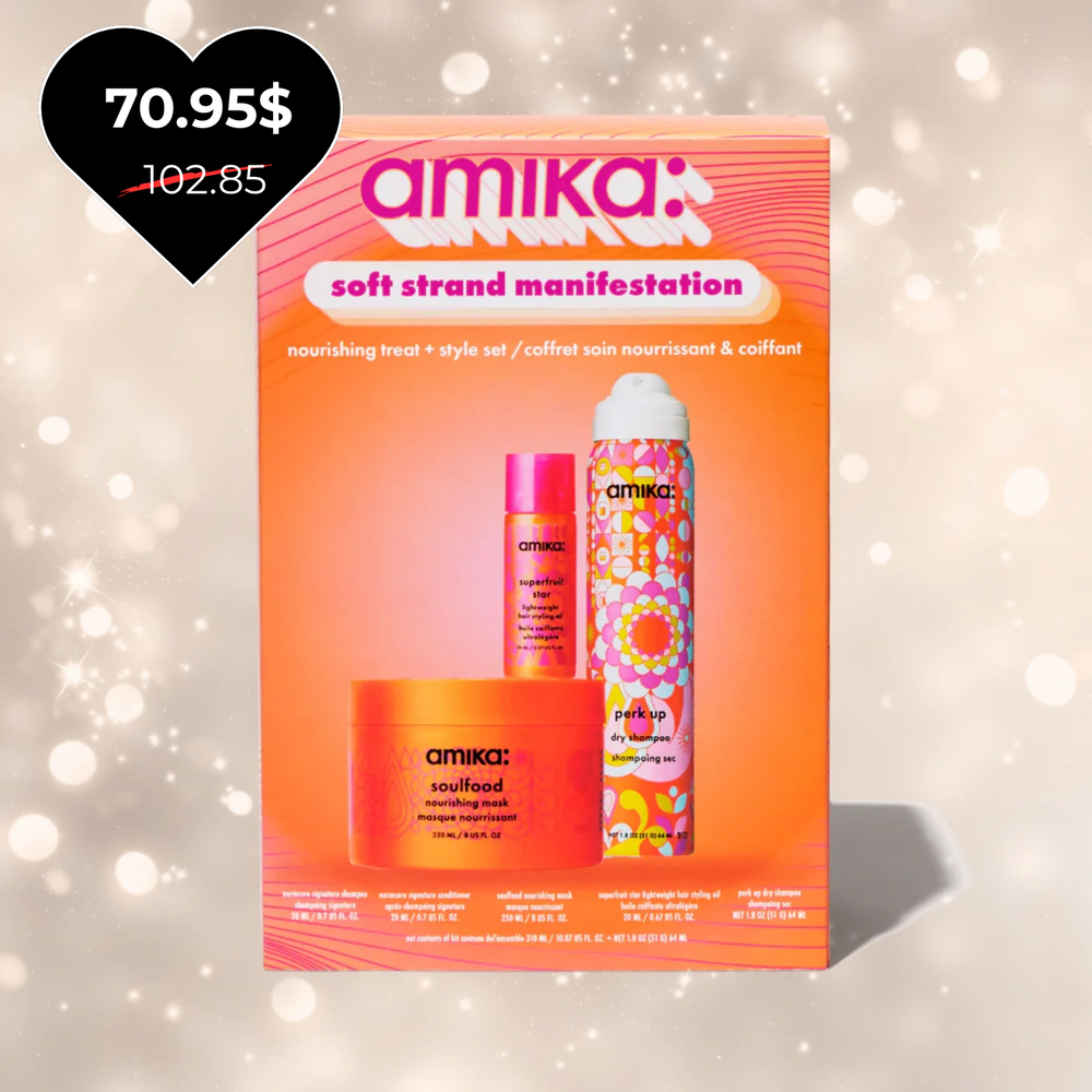 Coffret Amika Soft Strand Manifestation contenant un masque Soulfood, une huile Superfruit Star, un shampooing sec Perk Up et des échantillons Normcore.