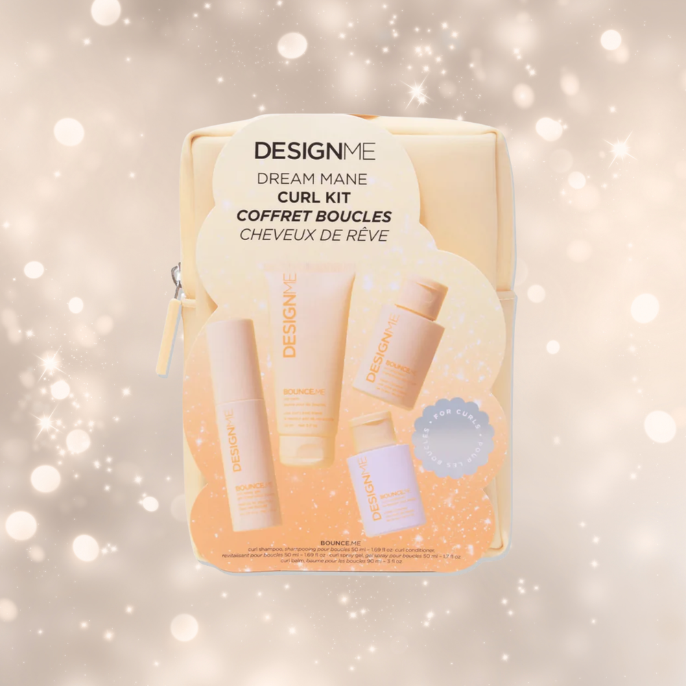 Coffret Design.Me Bounce.Me “Cheveux de Rêve” avec quatre produits pour boucles : shampooing, revitalisant, baume et spray-gel