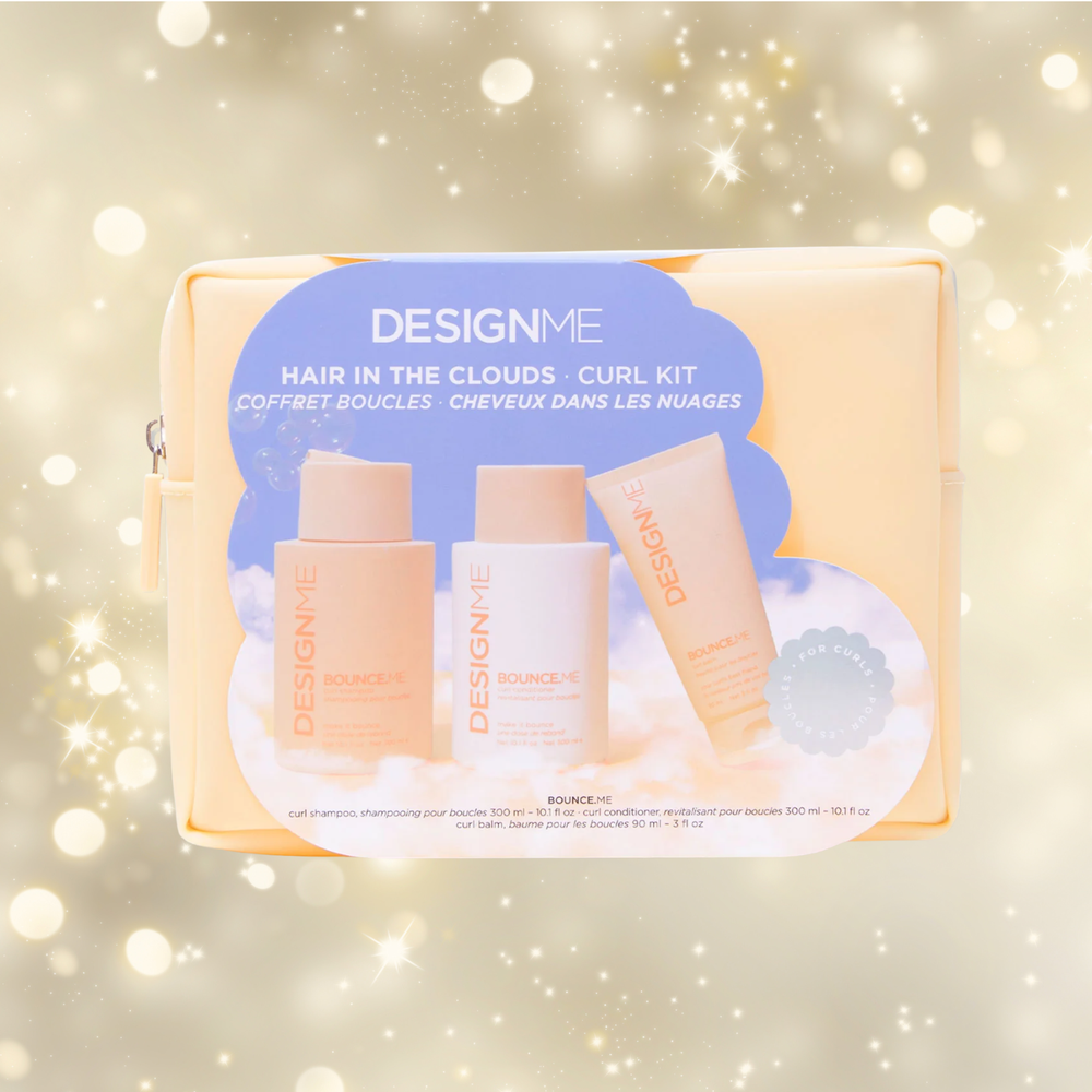 Coffret Design Me Bounce.Me Cheveux dans les nuages avec shampooing, revitalisant et baume dans une trousse rose